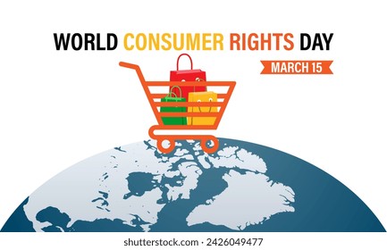 World Consumer Rights Day Poster Design. Shopping bag and Consumer hand with World map. Banner poster, flyer and background design.