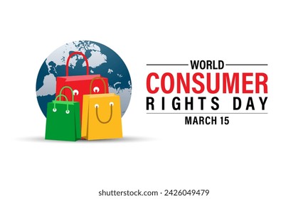 World Consumer Rights Day Poster Design. Shopping bag and Consumer hand with World map. Banner poster, flyer and background design.