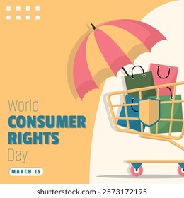 World Consumer Rights Day Poster. Shopping trolley protected by umbrella