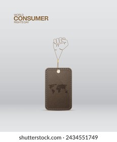 World Consumer Rights Day, Tag icon whit hand, world map, design for social media banner, poster vector illustration.