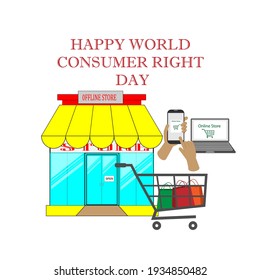 World Consumer Rights Day Template With Offline Shop And Online Shop Ornament In Various Gedget And Shopping Cart