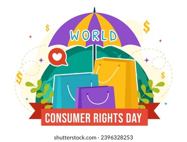 Ilustración de vectores del Día Mundial de los Derechos del Consumidor el 15 de marzo con bolsas de compras que deben ser respetadas y protegidas en un fondo plano de caricatura