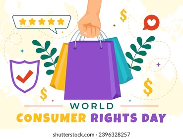 Ilustración de vectores del Día Mundial de los Derechos del Consumidor el 15 de marzo con bolsas de compras que deben ser respetadas y protegidas en un fondo plano de caricatura