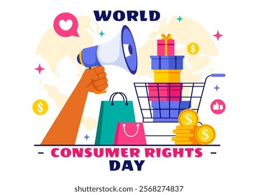 World Consumer Rights Day Vector Illustration on 15 March, Featuring Shopping Bags to Represent Consumer Rights Being Respected and Protected