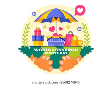 World Consumer Rights Day Vector Illustration on 15 March, Featuring Shopping Bags to Represent Consumer Rights Being Respected and Protected