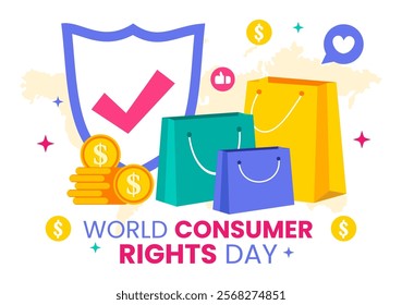 World Consumer Rights Day Vector Illustration on 15 March, Featuring Shopping Bags to Represent Consumer Rights Being Respected and Protected