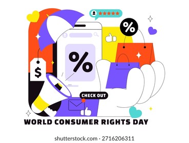 Dia Mundial dos Direitos do Consumidor Ilustração do vetor em 15 de março Apresentando sacolas de compras simbolizando os direitos do consumidor respeitados e protegidos