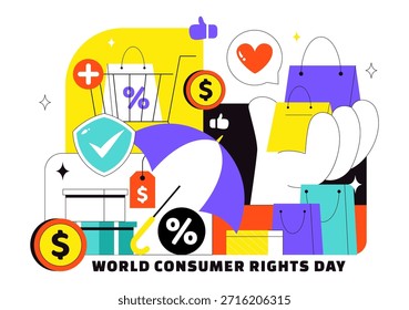 Dia Mundial dos Direitos do Consumidor Ilustração do vetor em 15 de março Apresentando sacolas de compras simbolizando os direitos do consumidor respeitados e protegidos