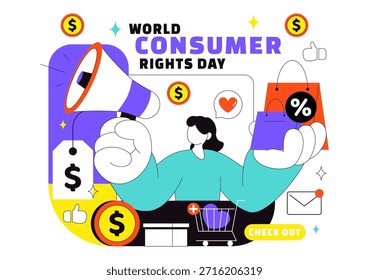 Dia Mundial dos Direitos do Consumidor Ilustração do vetor em 15 de março Apresentando sacolas de compras simbolizando os direitos do consumidor respeitados e protegidos
