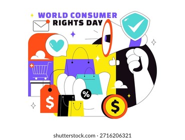 Ilustración vectorial del Día Mundial de los Derechos del Consumidor el 15 de marzo con bolsas de compras que simbolizan los derechos de los consumidores respetados y protegidos