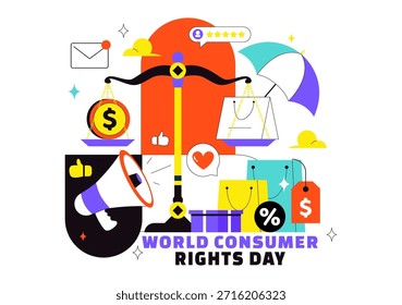 Dia Mundial dos Direitos do Consumidor Ilustração do vetor em 15 de março Apresentando sacolas de compras simbolizando os direitos do consumidor respeitados e protegidos