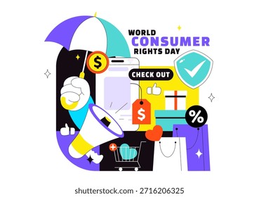 World Consumer Rights Day Vector Illustration on March 15 Featuring Shopping Bags Symbolizing Respected And Protected Consumer Rights