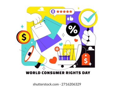 Ilustración vectorial del Día Mundial de los Derechos del Consumidor el 15 de marzo con bolsas de compras que simbolizan los derechos de los consumidores respetados y protegidos