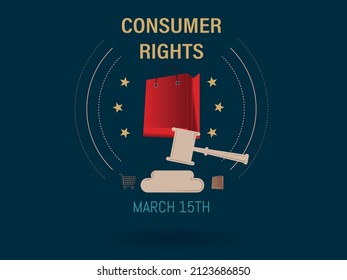 Día Mundial de los Derechos del Consumidor. Ilustración vectorial con íconos de la compra, carrito y bolso y martillo de la ley.