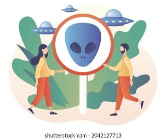 World Contact day. Alien sign and tiny people. UFO spaceships. Space concept. Futuristic unknown flying object. Modern flat cartoon style. Vector illustration on white background