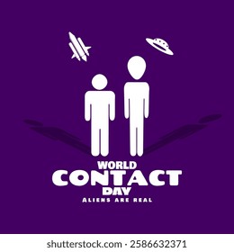 World Contact Day is celebrated on March 15th. Illustration of man with alien creature standing with spaceship and UFO on dark purple background.