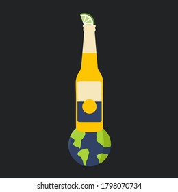 el concepto de contaminación mundial gráfico y contagio aislado. diseño plano con vectores de botella de corona y cerveza de limón en el globo de tierra infectado creativo. coronavirus propagación o icono de brote en la caricatura del planeta símbolo