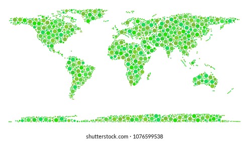 World Continent Map collage of scattered dots in various sizes and green color tints. Vector spheric items are united into world continent map composition. Eco geography map vector illustration.