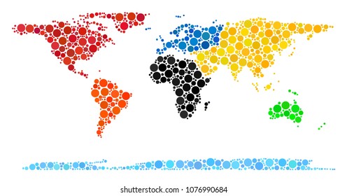 World Continent Map collage of spheric dots in different sizes. Randomized filled circles are composed into World Continent Map mosaic. Vector geographic map design concept.