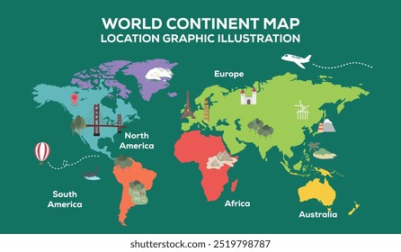 World Continent Map Location Graphic Illustration, isolated on white background. Infographic, Flat Earth, Globe similar icon. annual report, Travel worldwide, map silhouette backdrop.
