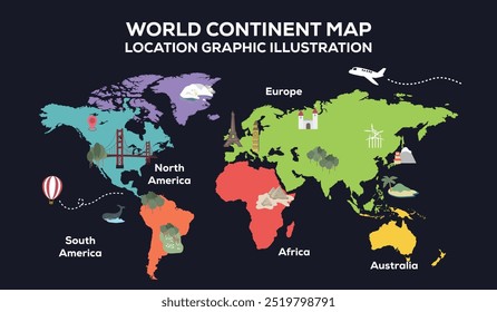 World Continent Map Location Graphic Illustration, isolated on white background. Infographic, Flat Earth, Globe similar icon. annual report, Travel worldwide, map silhouette backdrop.
