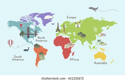 Ilustración gráfica de localización de mapas del mundo continental