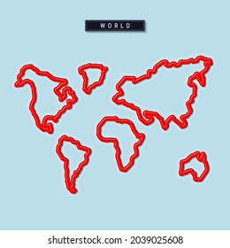 World, continents bold outline map. Glossy red border with soft shadow. Country name plate. Vector illustration.