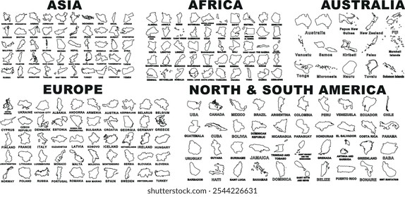 Continentes mundiales y fronteras de país Vector línea de arte conjunto. Asia, África, Australia, Europa, América del Norte, América del Sur esbozan Formas para proyectos de diseño geográfico, educativo y cartográfico