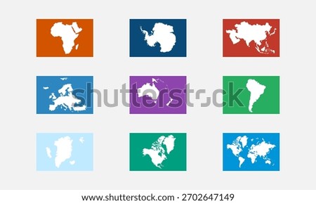 World continents flags set, minimalist vector icons in 3x3 grid, clean outline design without labels. Ideal for maps, apps, UI, infographics, education, presentations and global projects
