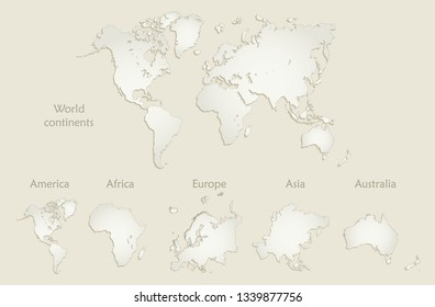 World continents map, America, Europe, Africa, Asia, Australia, old paper vector