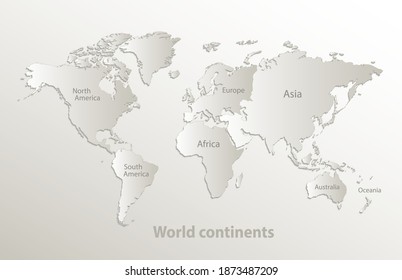 World continents map, separate individual continent with names, card paper 3D natural vector