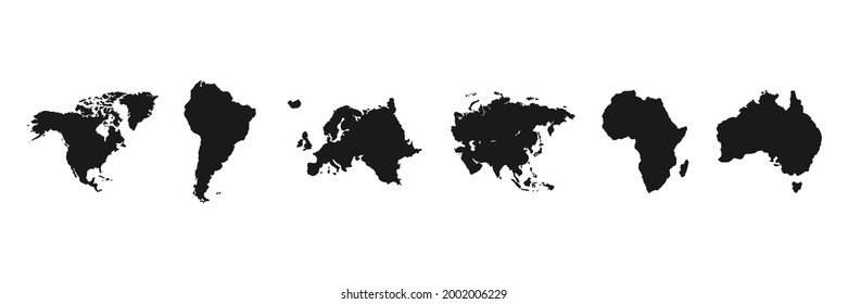 World continents set. World map black silhouettes. Vector isolated on white