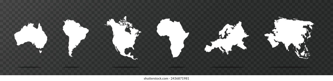 World continents silhouettes. World map icons. Europe, Asia, America, Africa, Australia continents