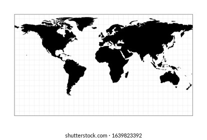 World contour. Patterson cylindrical projection. Plan world geographical map with graticule lines. Vector illustration.
