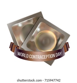 World Contraception day emblem, vector illustration of two condoms with ribbon isolated on white background. 26 september world healthcare holiday event label, greeting card decoration graphic element