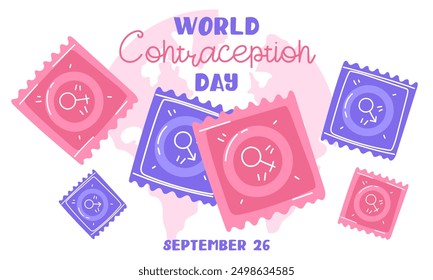World Contraception Day, September 26. Contraceptives for safe sex male, female condom with earth. Methods of birth control. horizontal blue, pink banner about sex education. Vector flat illustration