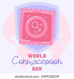 World Contraception Day, September 26. Contraceptives for safe sex female condom with shield and earth. Methods of birth control. square blue, pink banner about sex education. Vector flat illustration