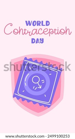 World Contraception Day, September 26. Contraceptives for safe sex male with shield and with shield. Methods of birth control. vertical blue, pink banner about sex education. Vector flat illustration