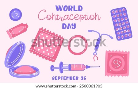 World Contraception Day, September 26. Various contraceptives for safe sex. Patch, condom, injection, pills. Methods of birth control. horizontal banner about sex education. Vector flat illustration