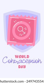 World Contraception Day, September 26th. Contraceptives for safe sex female condom with shield. Methods of birth control. vertical banner blue, pink about sex education. Vector flat illustration