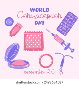 Día Mundial de la Anticoncepción, 26 de septiembre. Diversos anticonceptivos para el sexo seguro. Parche, condón, inyección, espiral, pastillas. Métodos de control de natalidad. Un Anuncio sobre educación sexual. Ilustración plana de Vector