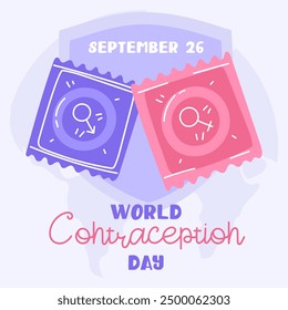 Día Mundial de la Anticoncepción, 26 de septiembre. Anticonceptivos para el sexo seguro, condón masculino y femenino con escudo y tierra. Métodos de control de natalidad. Un Anuncio sobre educación sexual. Ilustración plana de Vector