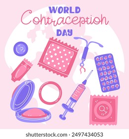 World Contraception Day, September. Various contraceptives for safe sex. Patch, condom, injection, spiral, pills with pink earth. Methods of birth control. about sex education. Vector flat illustratio