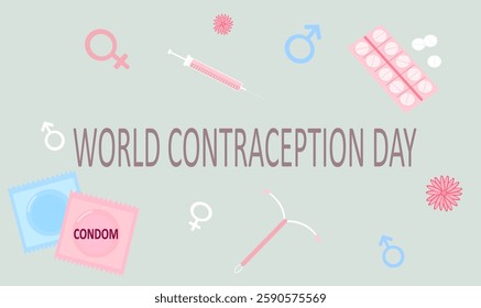 World Contraception Day, September. Various contraceptives for safe sex. patch, condom, injection, spiral, pills. Methods of birth control. About sex education. flat illustration. Top view