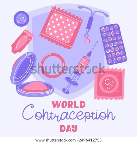 World Contraception Day, September. Various contraceptives for safe sex. patch, condom, injection, spiral, pills with blue shield. Methods of birth control. About sex education. flat illustration