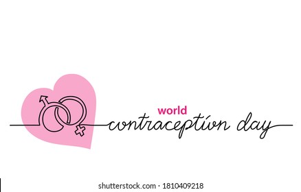 Cartel web de fondo simple del Día Mundial de la Anticoncepción, afiche con carteles y corazón de hombre y mujer. Un fondo de dibujo continuo con letras Día de Anticoncepción.