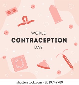 World Contraception Day square card. Contraceptive items for safe sex. Birth control methods. Sex education web banner or social media post template. Vector illustration in flat cartoon style.