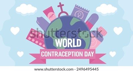 World Contraception Day square card. Contraceptive items for safe sex