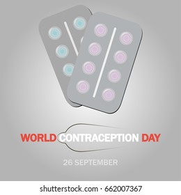 World Contraception Day. Tablets for contraception. Plates with condoms of different colors on a gray background. Vector.