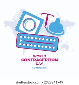 World Contraception Day vector illustration. Condom, contraceptive pills, IUD birth control icon set vector. Male and female contraception methods icons. September 26 every year. Important day